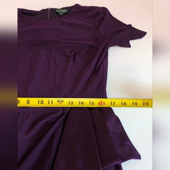 RALPH LAUREN Womens Purple Ruffled Short Sleeve Crew Neck Mini Sheath Dress 14 - Picture 11 of 12